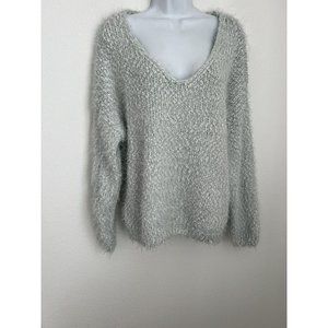 Miracle Women Blue Eyelash Pullover Sweater M/L Cozy V neck Long Sleeve Oversize